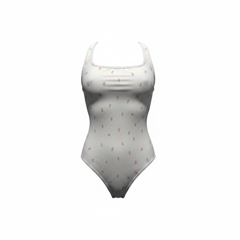 NWOT OQQ Womens Rose Floral Print Square Neck Ribbed Bodysuit XL